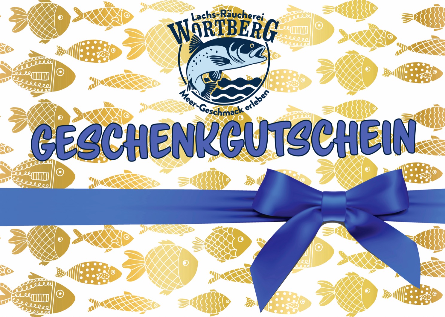 Geschenkgutschein der Wuppertaler Fischkultur mit blauer Schleife auf goldenem Fischmuster